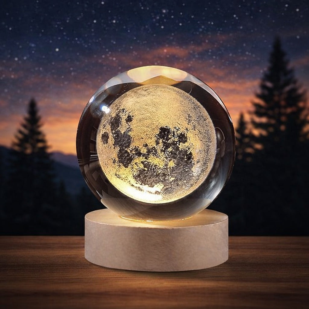 3D Crystal Moon Lamp – LED Night Light with Wooden Base