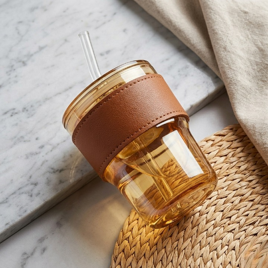 Premium Amber Glass Coffee Tumbler – with Leather Heat Sleeve, Glass Straw (400ml)