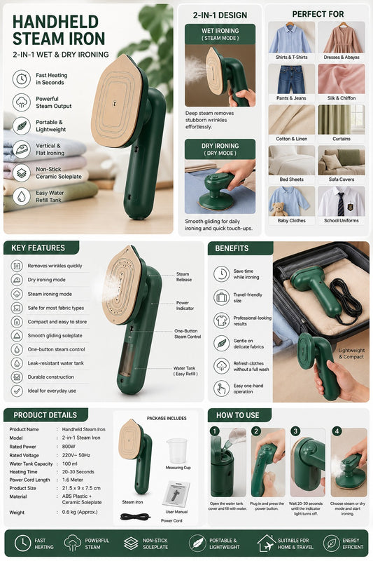 Portable Mini Steam Iron – 2-in-1 Handheld