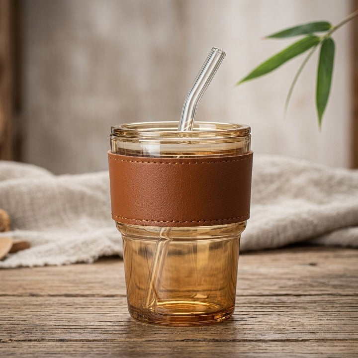 Premium Amber Glass Coffee Tumbler – with Leather Heat Sleeve, Glass Straw (400ml)
