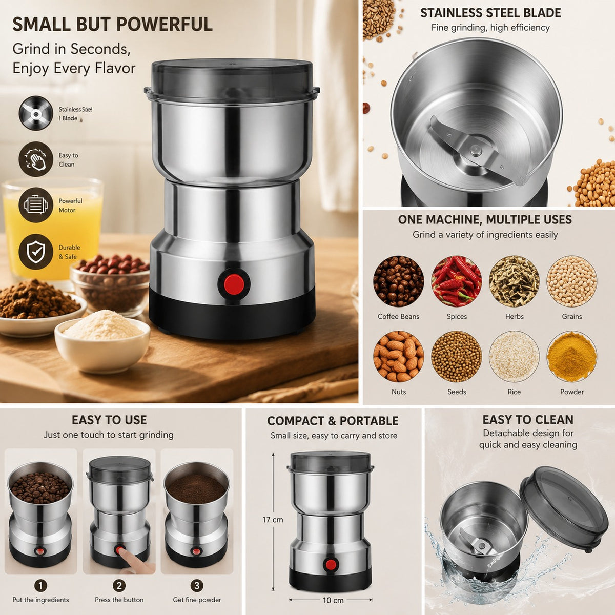 Stainless Steel Electric Grain & Spice Grinder